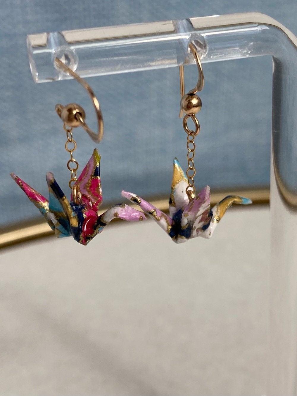 Handmade Multicolor Origami Crane Dangle Earrings - Gold Hooks